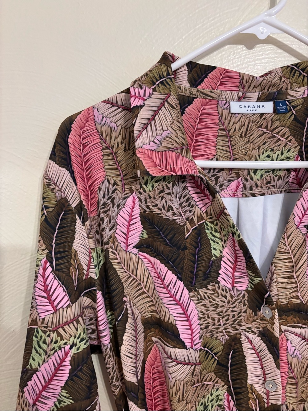 Cabana Life Tropical Leaf Print Belted Shirt Dress Pink Brown Size L - Picture 6 of 9